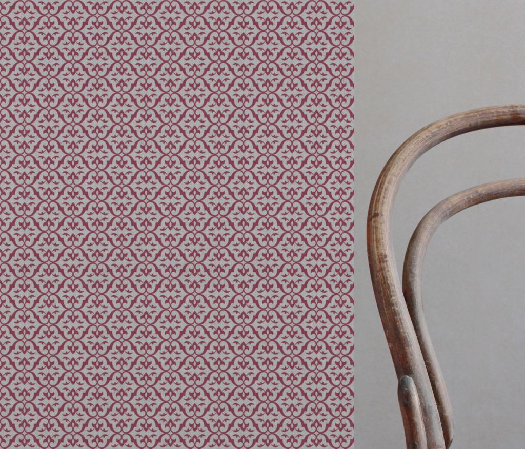 Red Patterned Linen Curtain Fabric - Brita Cherry - Natural base fabric.