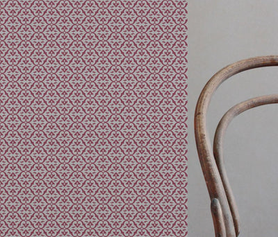 Red Patterned Linen Curtain Fabric - Brita Cherry - Natural base fabric.