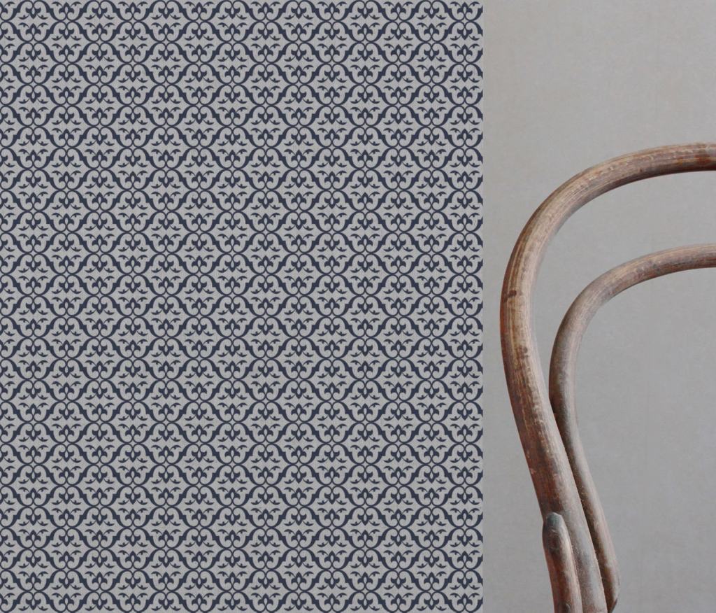 Blue Patterned Linen Curtain Fabric - Brita Deep Blue - Natural base fabric.