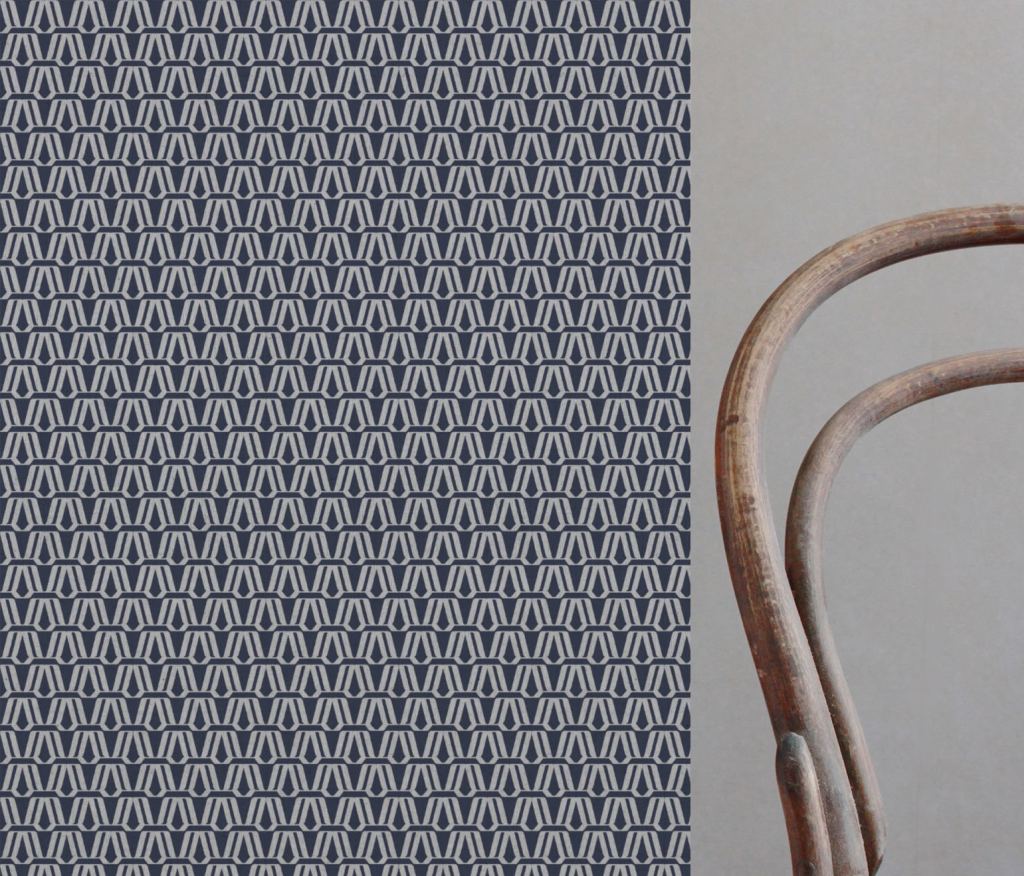 Blue Patterned Linen Curtain Fabric - Elva Deep Blue - Natural base fabric.