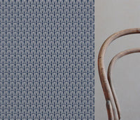 Blue Patterned Linen Curtain Fabric - Elva Night Blue - Natural base fabric.