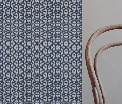Blue Patterned Linen Curtain Fabric - Elva Night Blue - Natural base fabric.