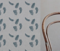 Blue Patterned Linen Curtain Fabric - Feathers Blue Stone - Natural base fabric.