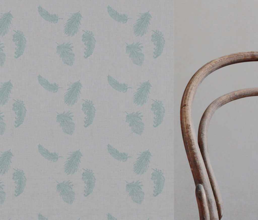 Blue Patterned Linen Fabric - Feathers Duckegg - Natural base fabric.