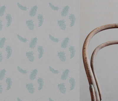 Blue Patterned Linen Fabric - Feathers Duckegg - Natural base fabric.