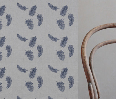 Blue Patterned Linen Curtain Fabric - Feathers Night Blue - Natural base fabric.