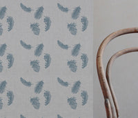 Blue Patterned Linen Curtain Fabric - Feathers True Blue - Natural base fabric.