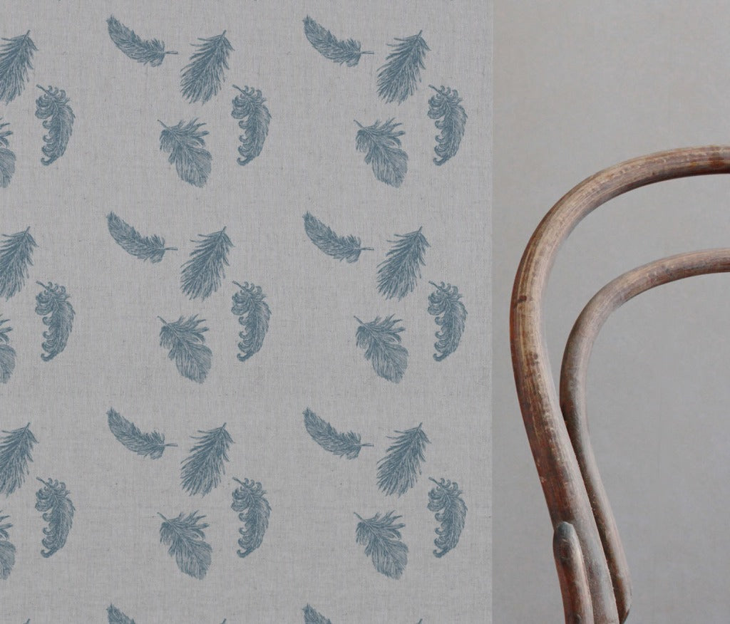 Blue Patterned Linen Curtain Fabric - Feathers True Blue - Natural base fabric.