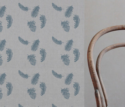 Blue Patterned Linen Curtain Fabric - Feathers True Blue - Natural base fabric.