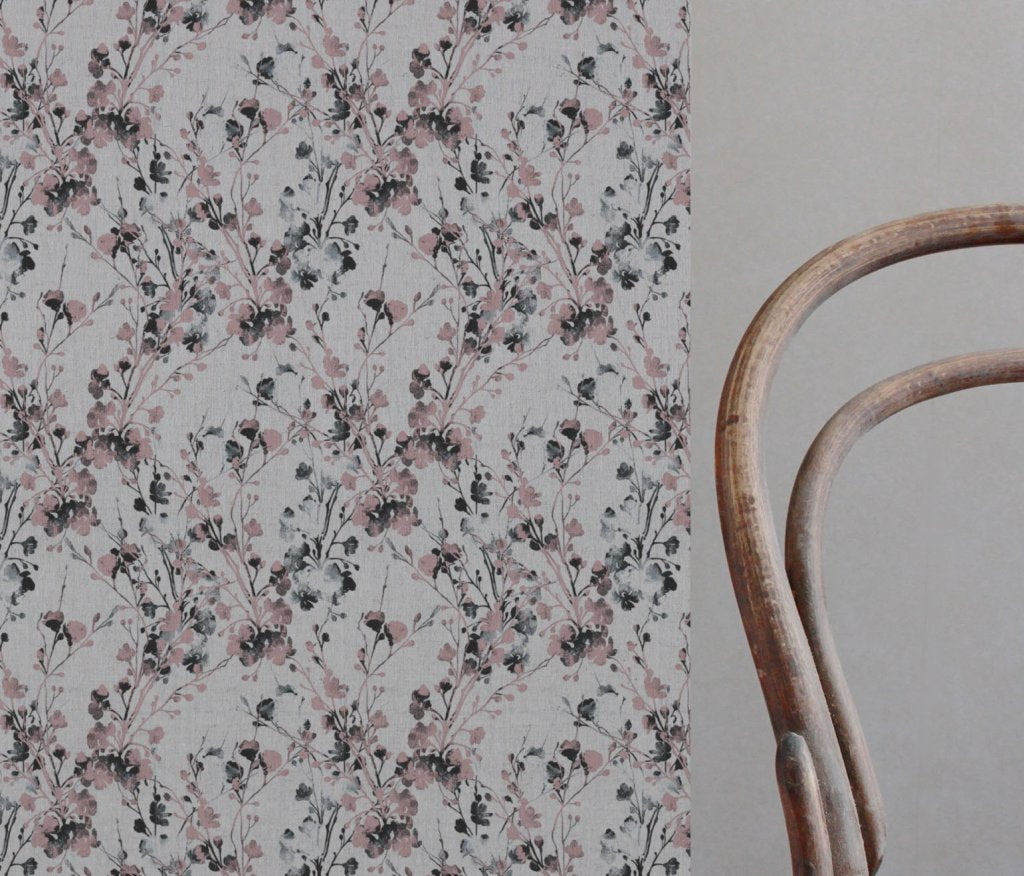 Pink Floral Linen Curtain Fabric - FlowerBliss Powder Rose - Natural base fabric.