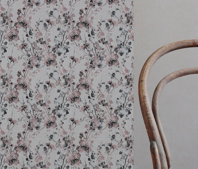 Pink Floral Linen Curtain Fabric - FlowerBliss Powder Rose - Natural base fabric.