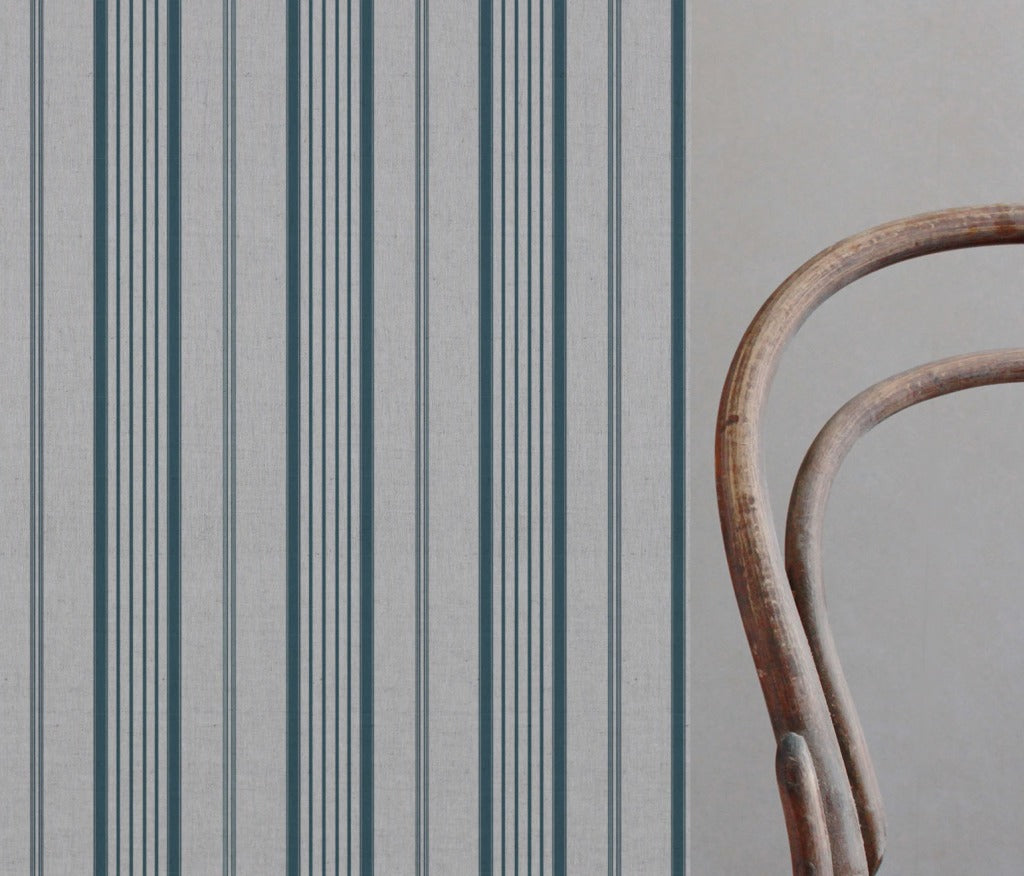Blue Striped Linen Curtain Fabric - Freja Blue Stone - Natural base fabric.