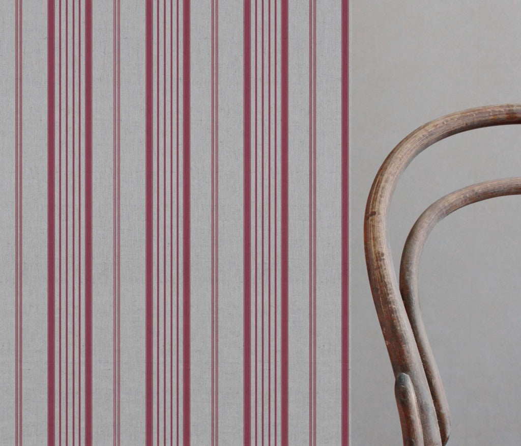 Red Striped Linen Curtain Fabric - Freja Cherry - Natural base fabric.