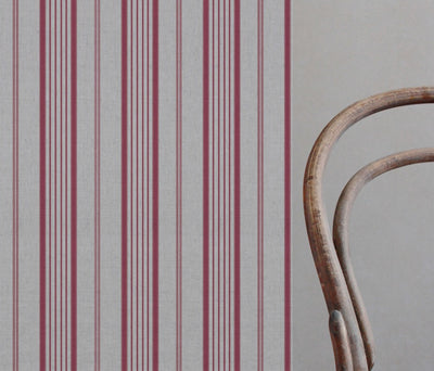 Red Striped Linen Curtain Fabric - Freja Cherry - Natural base fabric.