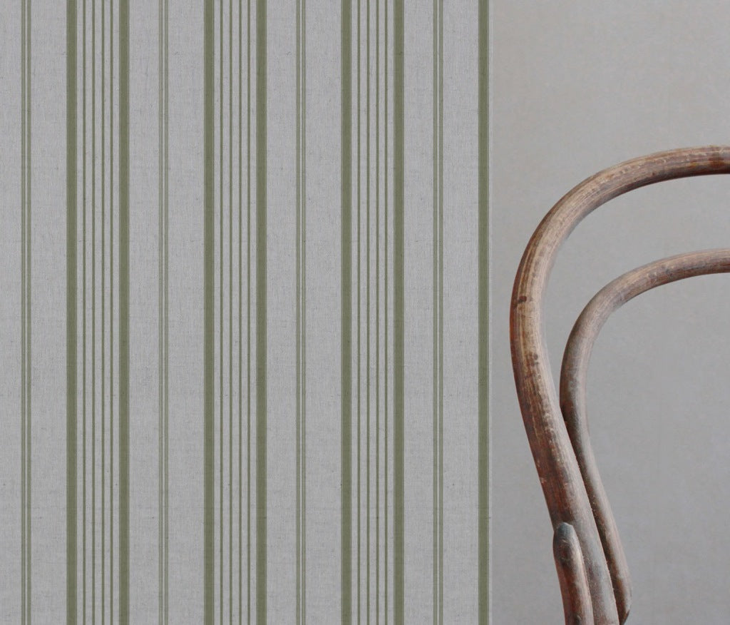 Green Striped Linen Curtain Fabric - Freja Olive - Natural base fabric.