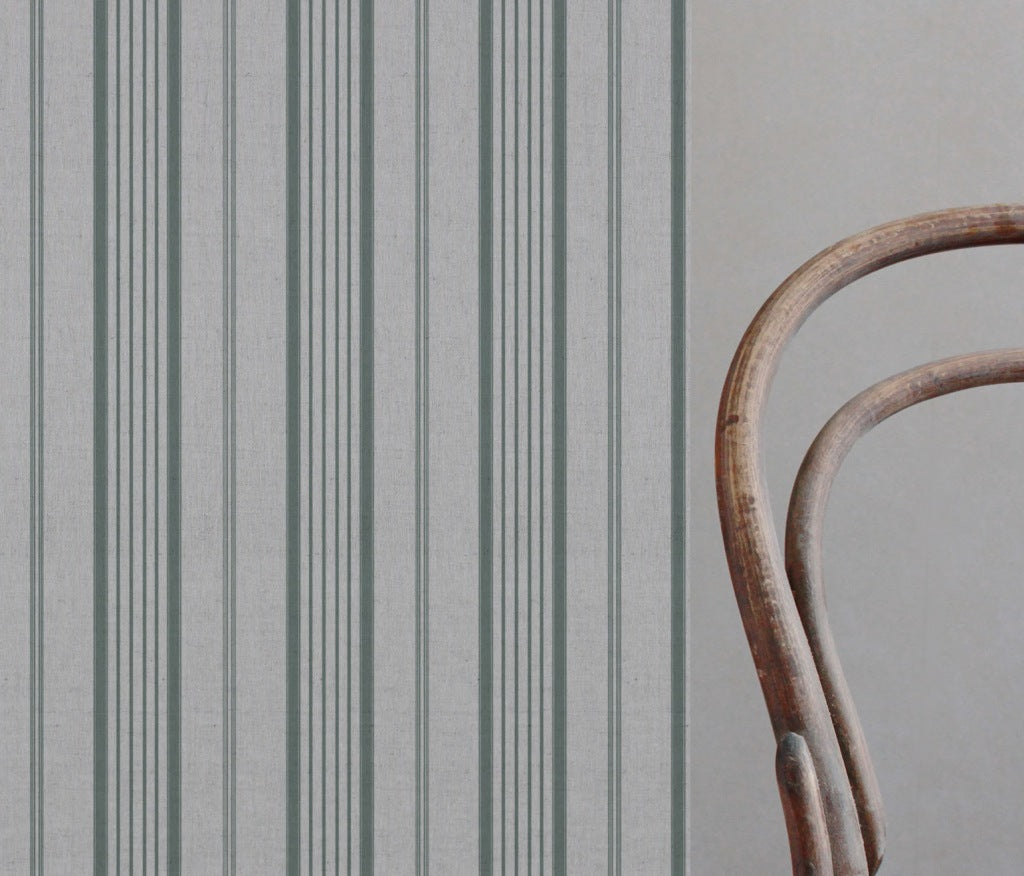 Green Striped Linen Curtain Fabric - Freja Sage - Natural base fabric.
