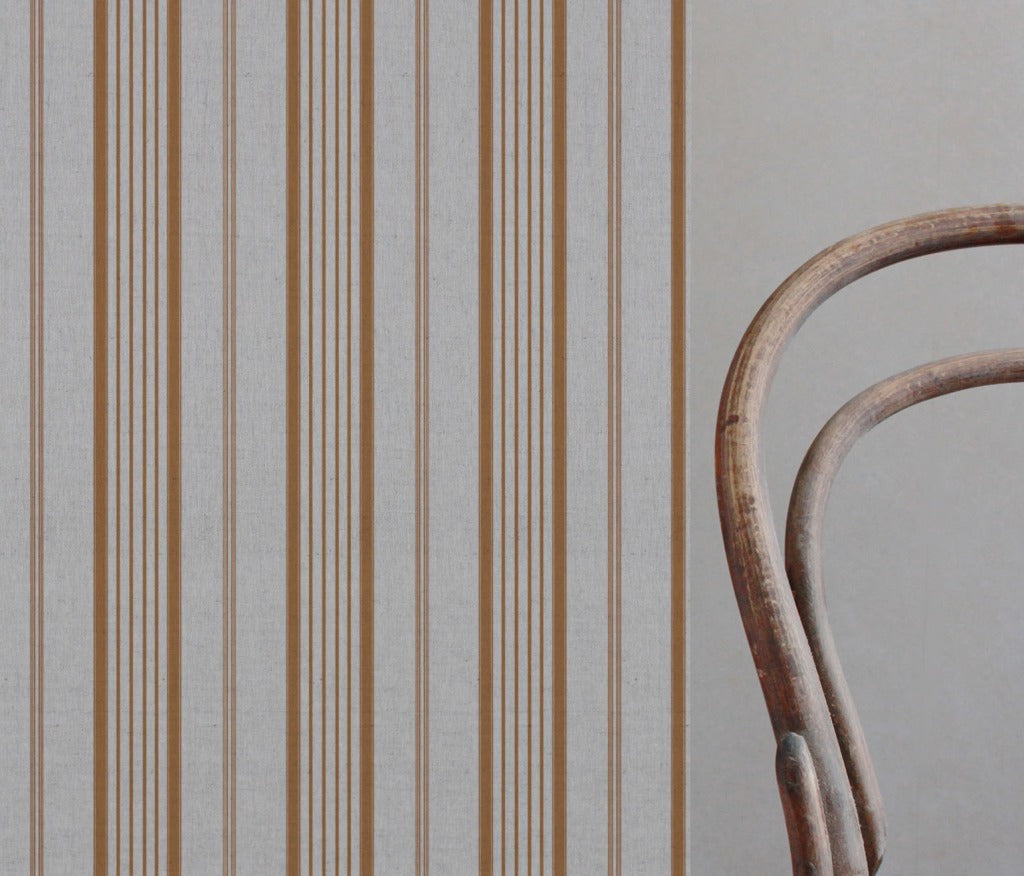 Orange Striped Linen Curtain Fabric - Freja Tangerine - Natural base fabric.