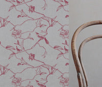 Red Floral Linen Curtain Fabric - Gardenia Cherry - Natural base fabric.