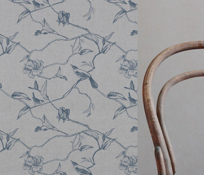 Blue Floral Linen Curtain Fabric - Gardenia Denim - Natural base fabric.