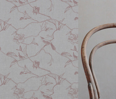 Pink Floral Linen Curtain Fabric - Gardenia Dusty Pink - Natural base fabric.