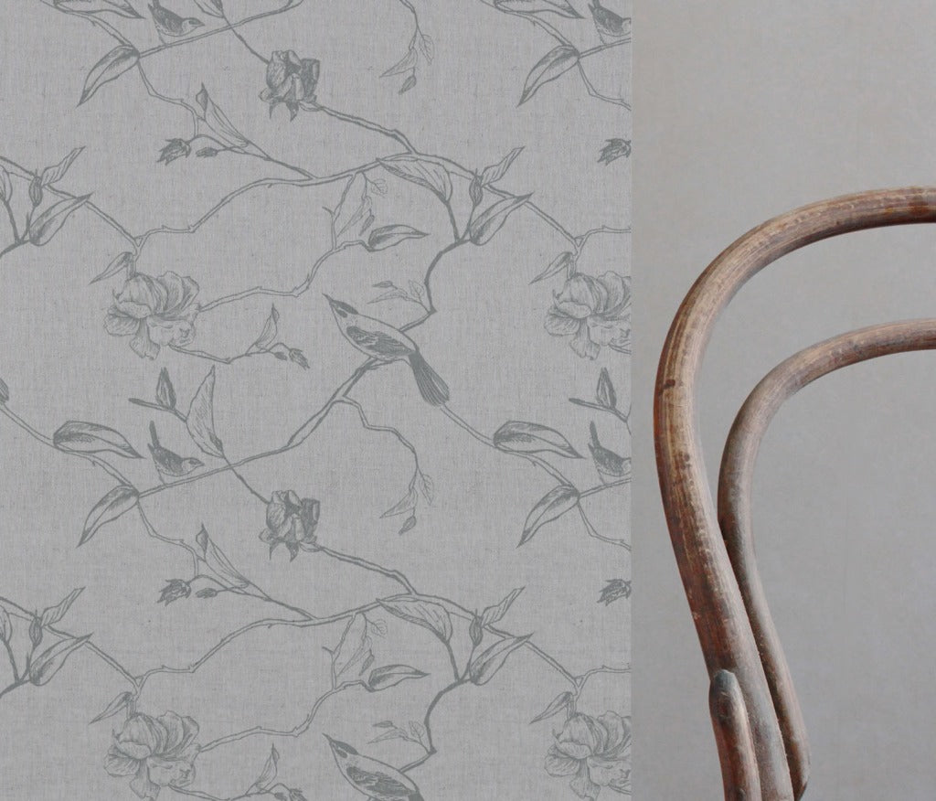 Grey Floral Linen Curtain Fabric - Gardenia Greige - Natural base fabric.
