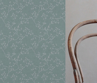 Blue Botanical Linen Fabric - Goldfinch INV-Duck egg - Natural base fabric.