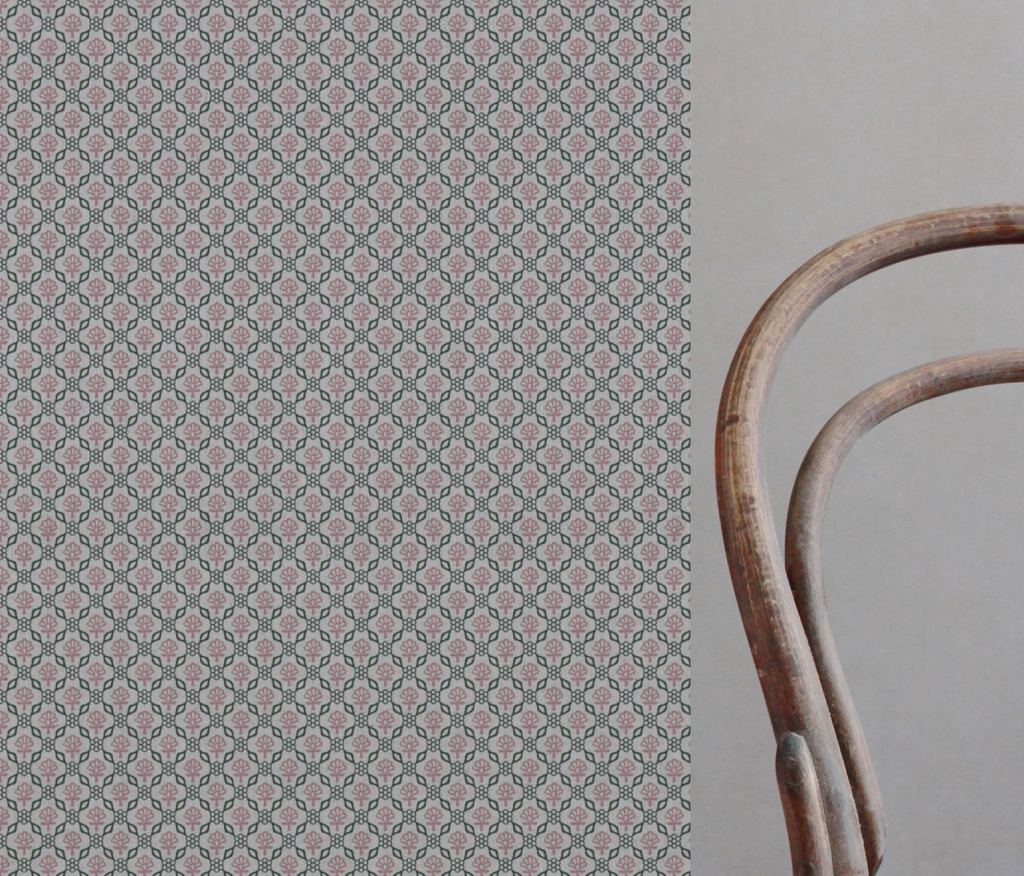Pink Floral Linen Curtain Fabric - Hilla Pink Pine - Natural base fabric.