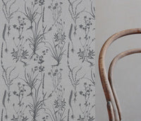 Grey Floral Linen Curtain Fabric - Iida Ash - Natural base fabric.