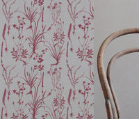 Red Floral Linen Curtain Fabric - Iida Cherry - Natural base fabric.