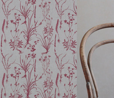 Red Floral Linen Curtain Fabric - Iida Cherry - Natural base fabric.