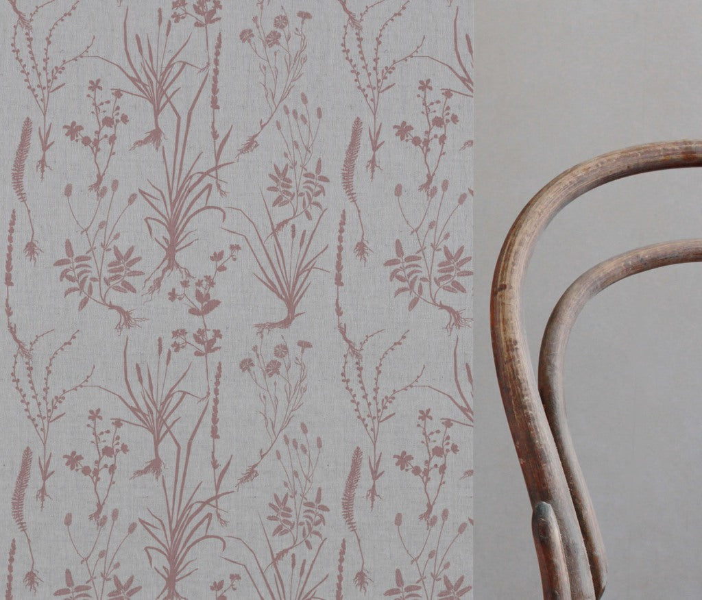 Pink Floral Linen Curtain Fabric - Iida Dusty Pink - Natural base fabric.