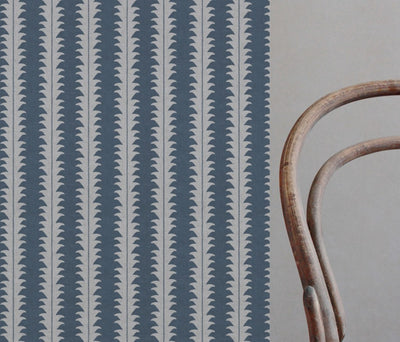 Blue Patterned Linen Curtain Fabric - Leona Denim - Natural base fabric.