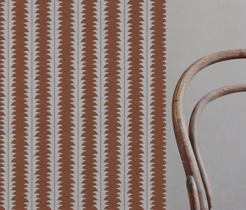 Orange Patterned Linen Curtain Fabric - Leona Terracotta - Natural base fabric.
