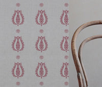 Red Patterned Linen Curtain Fabric - Maya Cherry - Natural base fabric.
