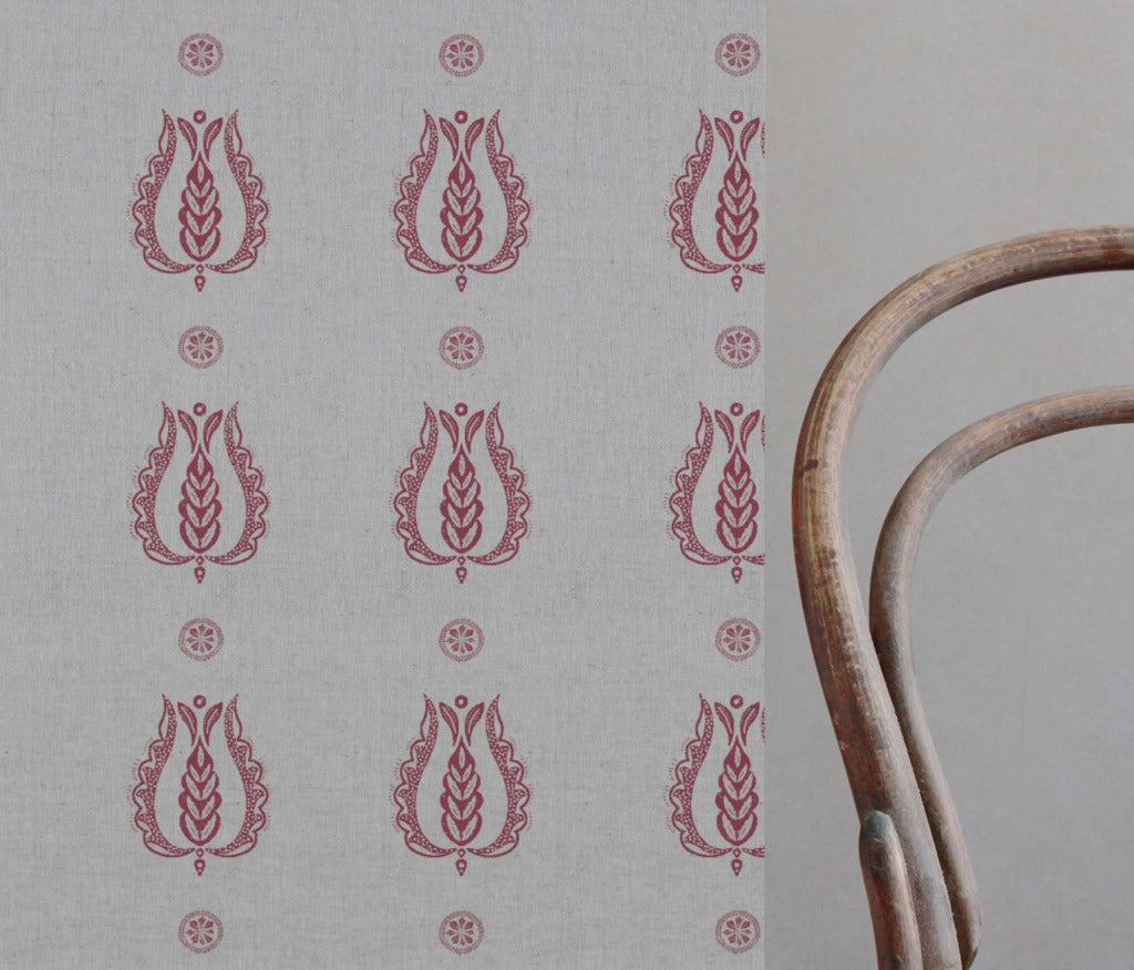 Red Patterned Linen Curtain Fabric - Maya Cherry - Natural base fabric.