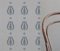 Blue Patterned Linen Curtain Fabric - Maya Denim - Natural base fabric.