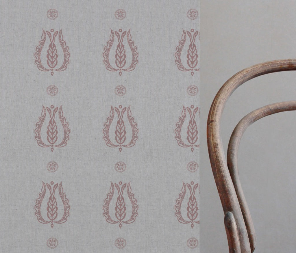 Pink Patterned Linen Curtain Fabric - Maya Dusty Pink - Natural base fabric.