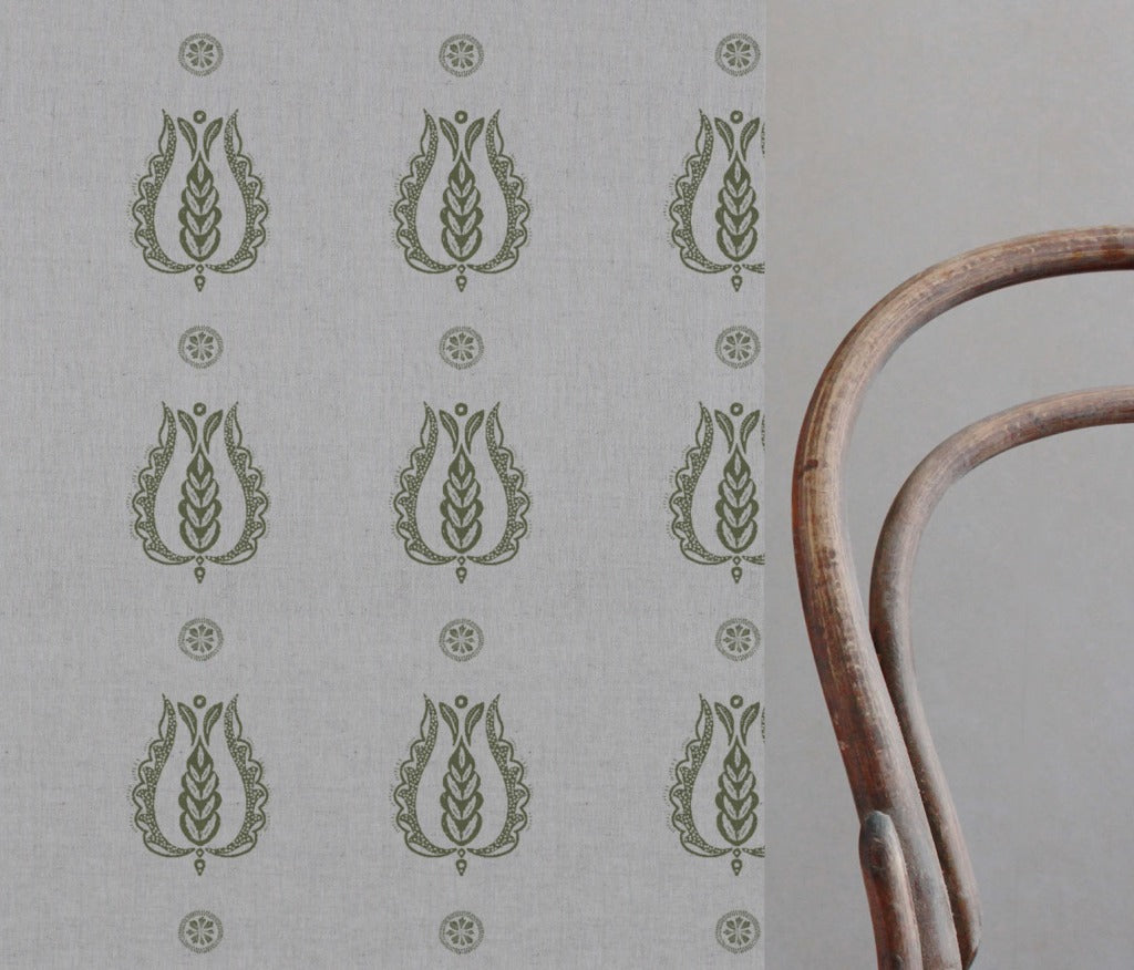 Green Patterned Linen Curtain Fabric - Maya Khaki - Natural base fabric.