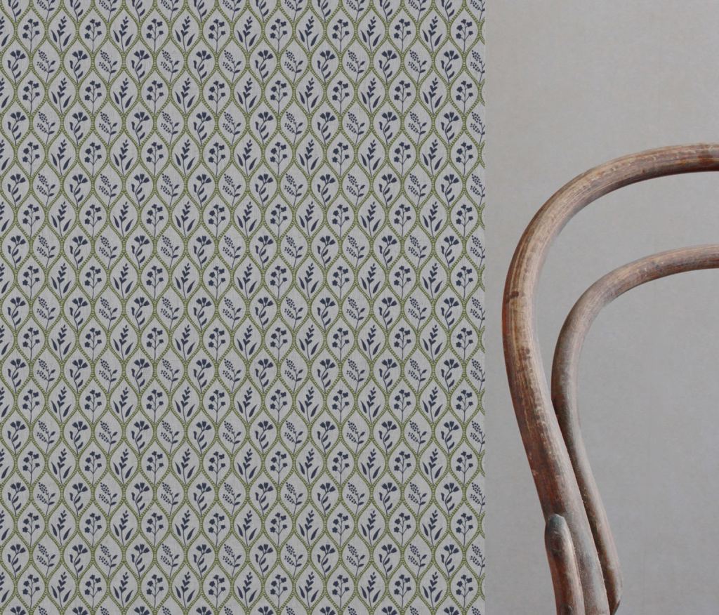 Green / Blue Floral Linen Curtain Fabric - Miny Blue Green-INV - Natural base fabric.