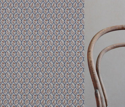 Blue / Orange Floral Linen Curtain Fabric - Miny Blue Terracotta-INV - Natural base fabric.