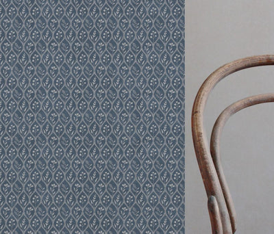 Blue Floral Linen Curtain Fabric - Miny Denim - Natural base fabric.
