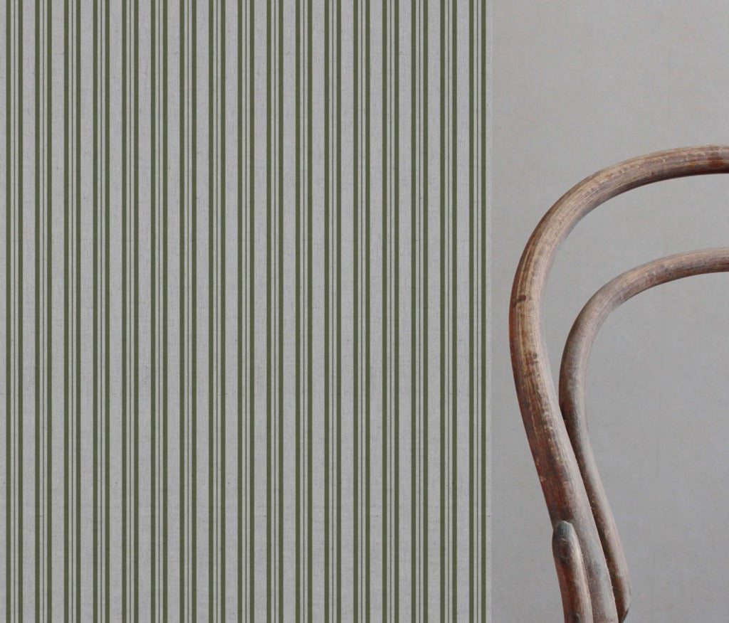 Green Striped Linen Curtain Fabric - Olga Khaki - Natural base fabric.