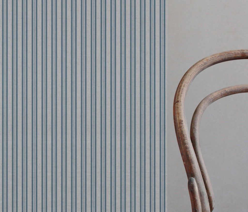Blue Striped Linen Curtain Fabric - Olga True Blue - Natural base fabric.