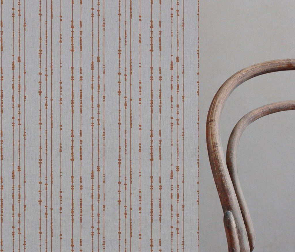 Orange Patterned Linen Curtain Fabric - Pearls Burnt Orange - Natural base fabric.