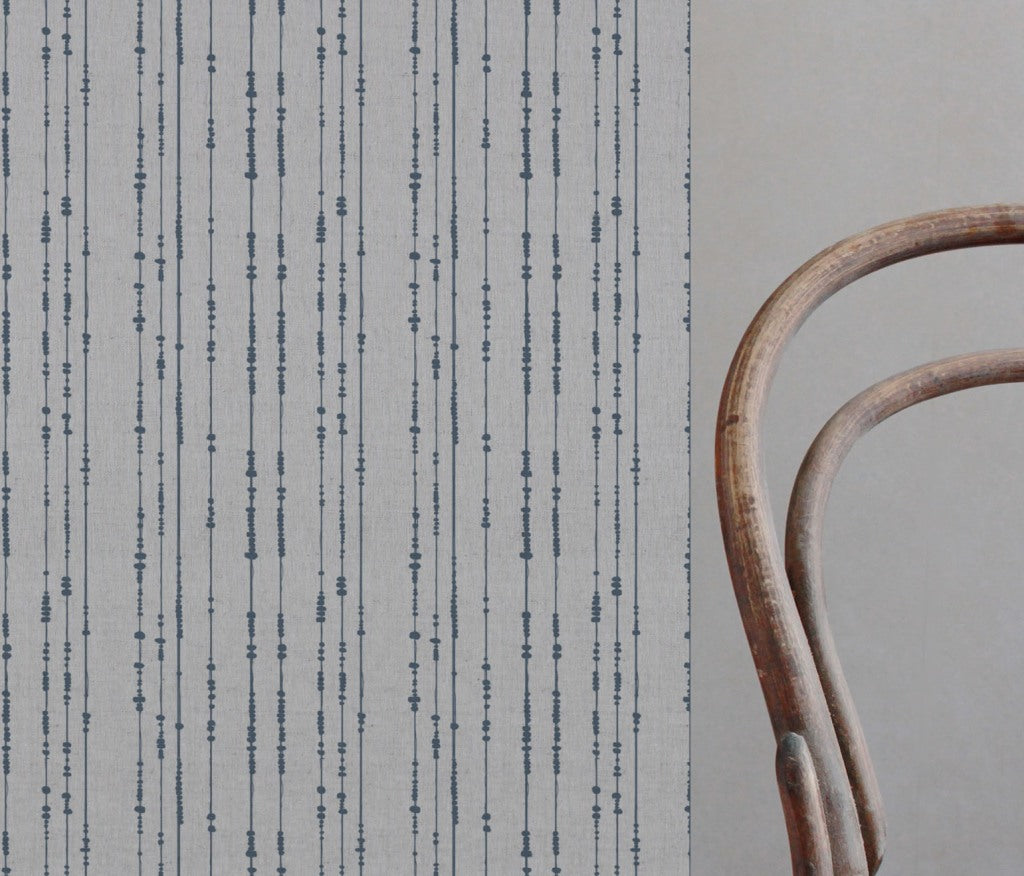 Blue Patterned Linen Curtain Fabric - Pearls Denim - Natural base fabric.