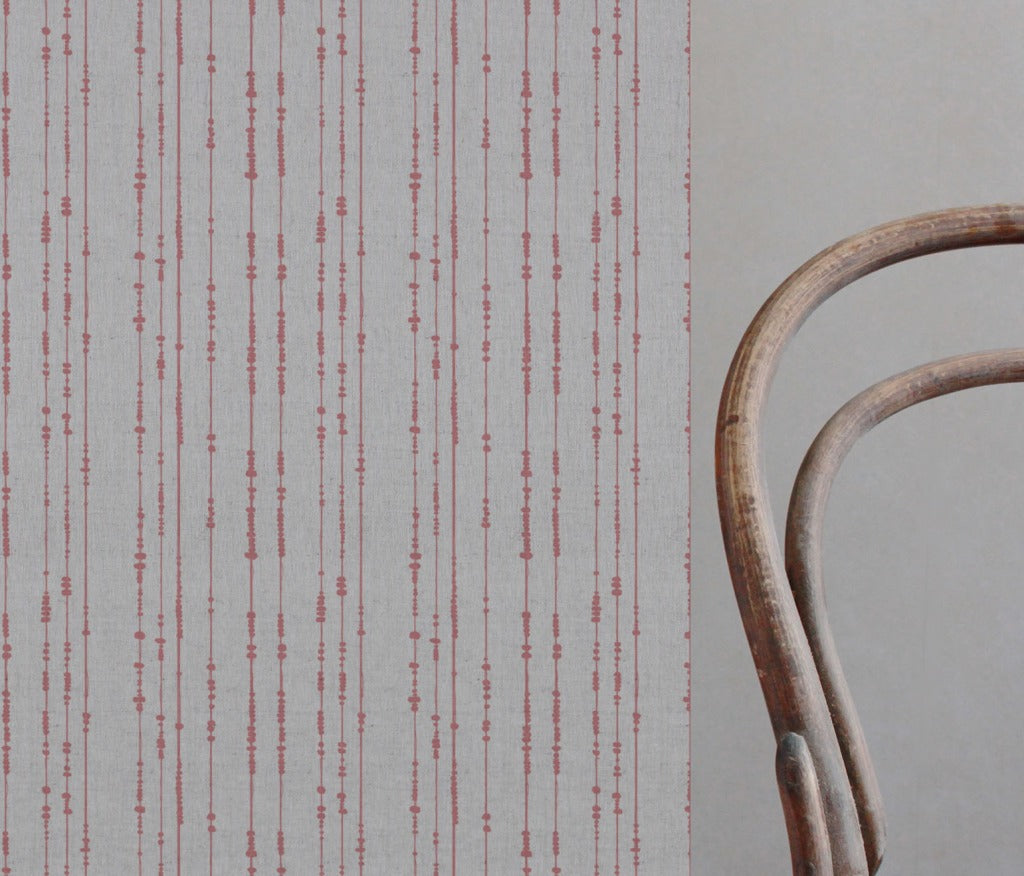 Pink Patterned Linen Curtain Fabric - Pearls Sweetpea - Natural base fabric.