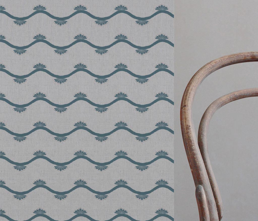 Blue Abstract Linen Curtain Fabric - Nelani Blue Stone - Natural base fabric.