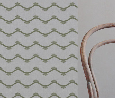 Green Abstract Linen Curtain Fabric - Nelani Khaki - Natural base fabric.