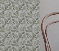 Green Botanical Linen Curtain Fabric - Olini Khaki - Natural base fabric.