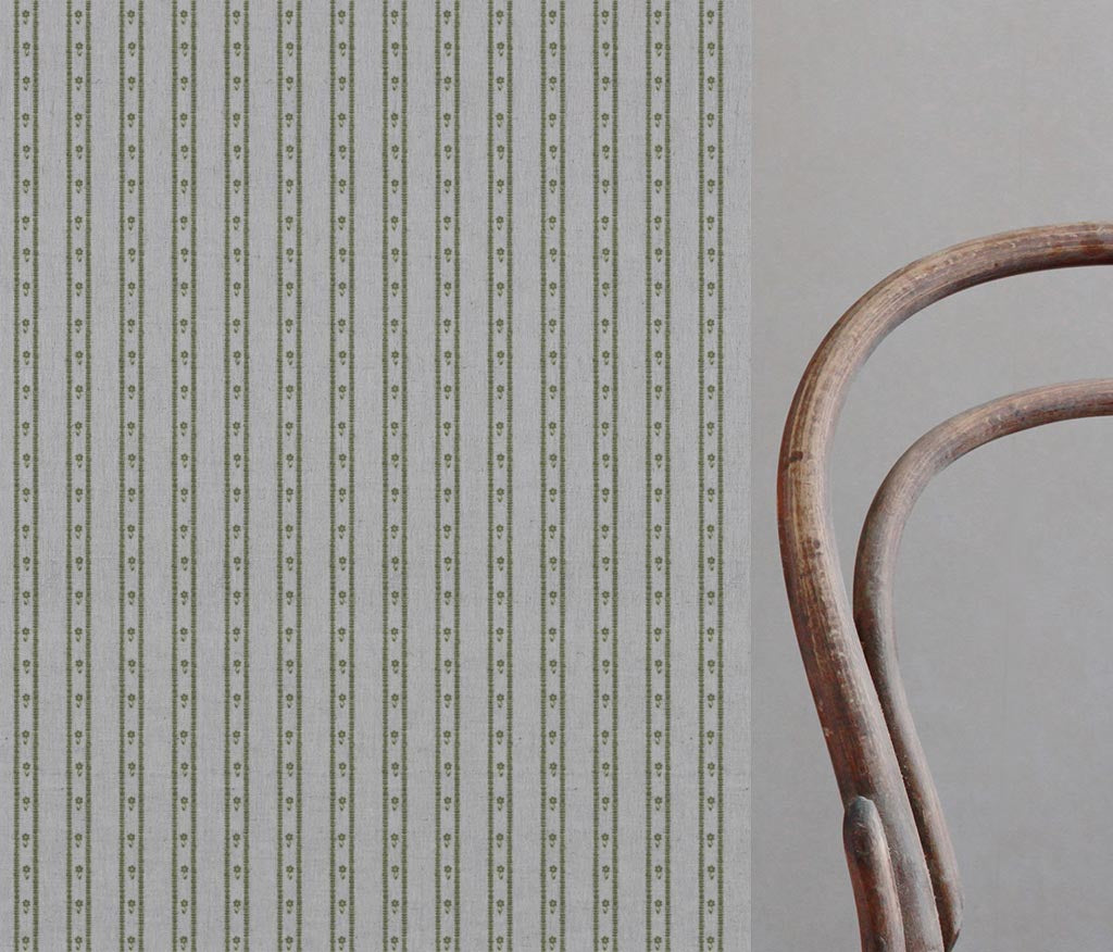 Green Floral Stripe Linen Curtain Fabric - Silvian Khaki - Natural base fabric.